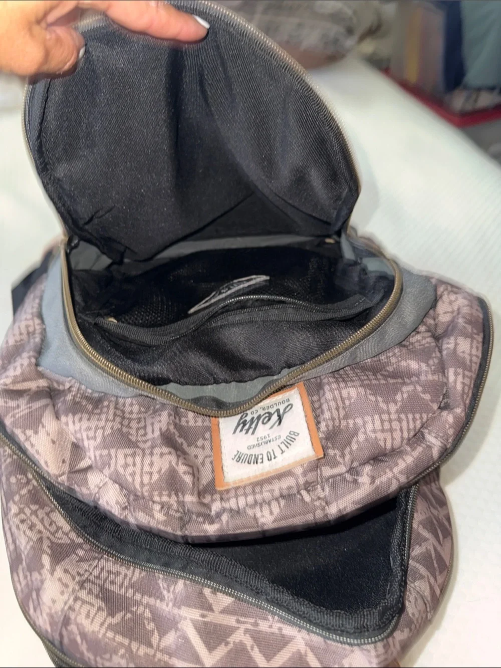 Brown Patterned Men's Backpack with Tan Trim